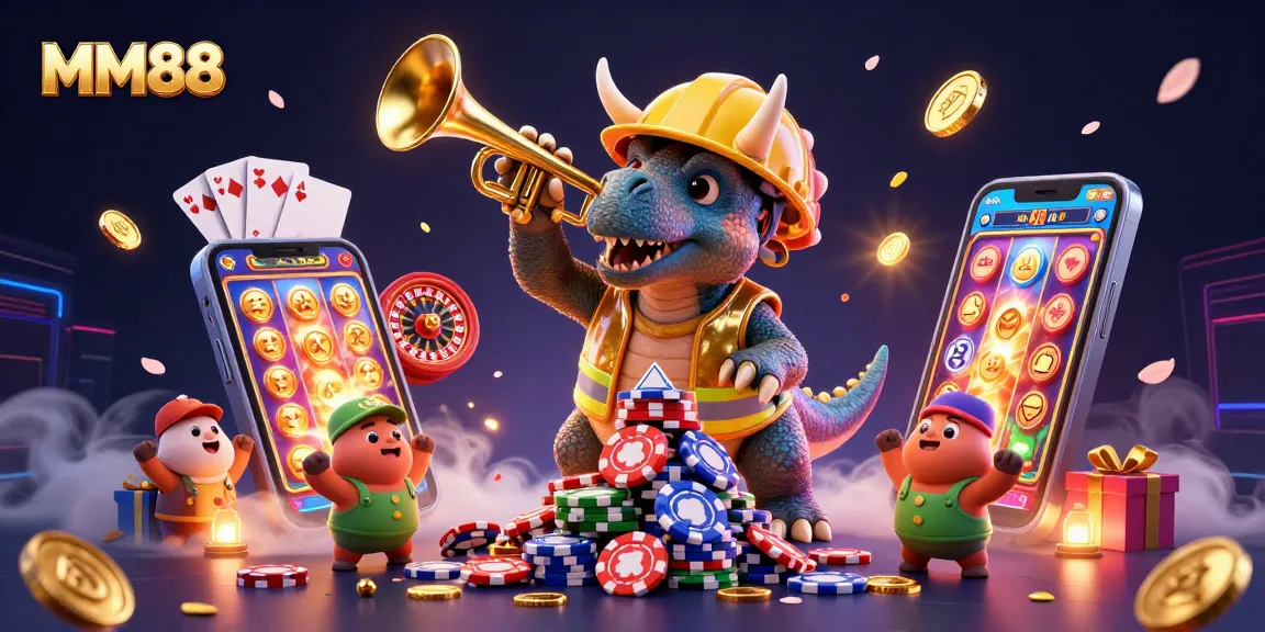 Experience the excitement of MM88 with vibrant casino creatures celebrating a poker game