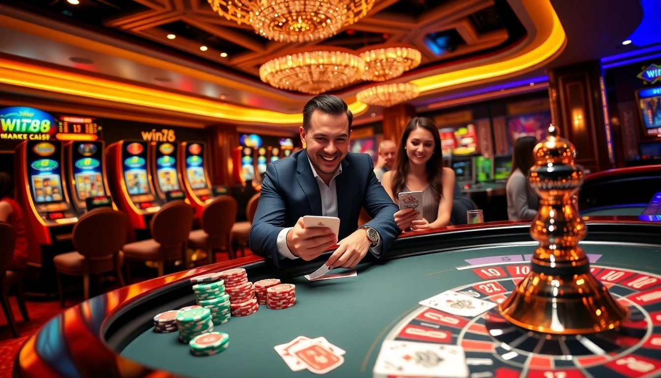 Experience the thrill of win78 with vibrant casino tables and excited gamblers.