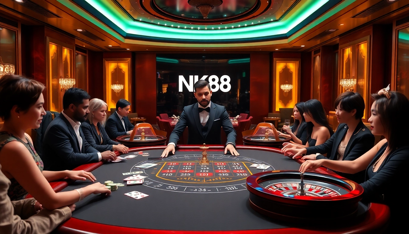 NK88 casino players excitedly engaging with poker chips and a roulette wheel.