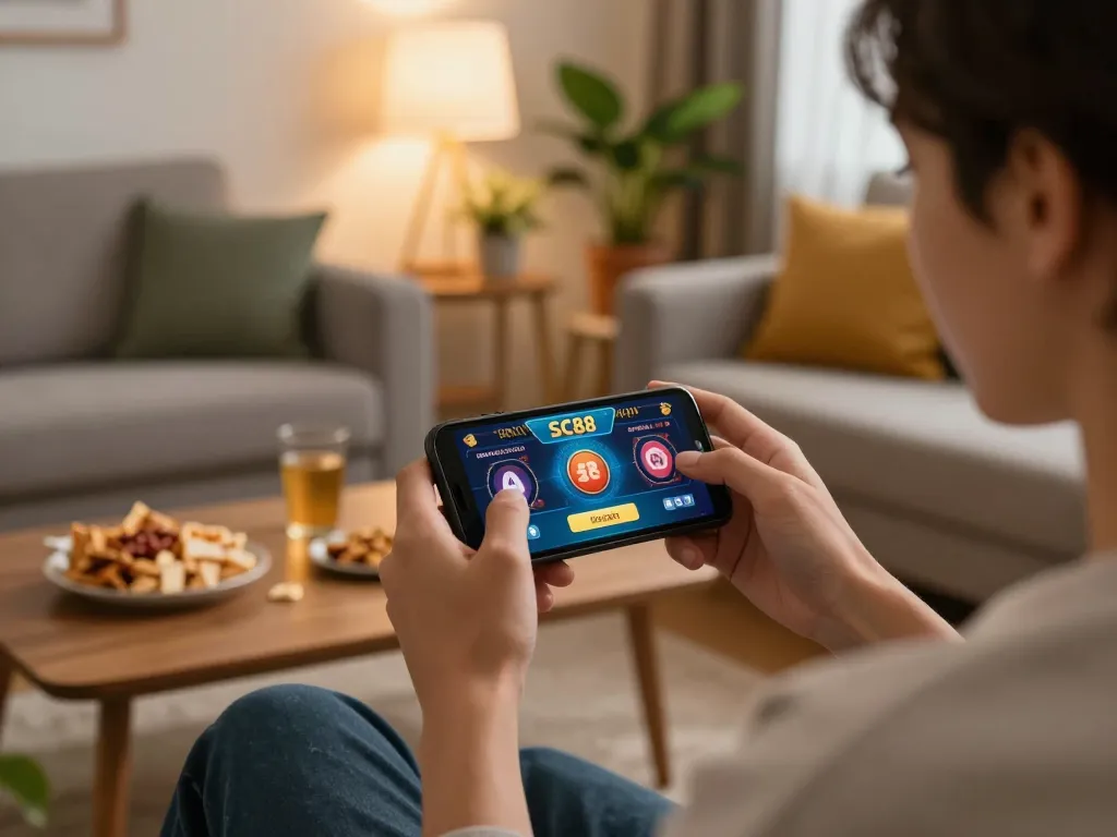 Engaging with SC88 mobile casino app in a cozy home setting, emphasizing modern online gaming experience.