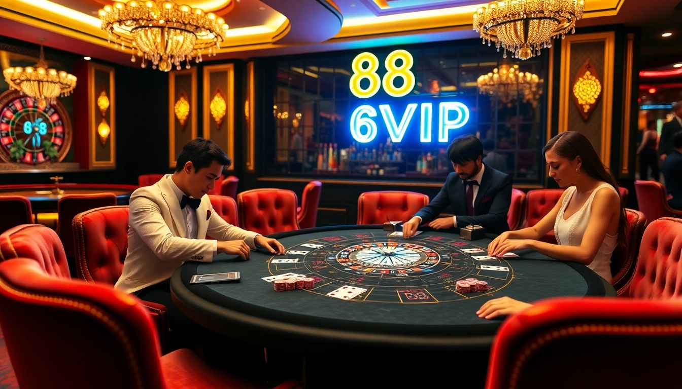 Players enthusiastically betting at a luxurious blackjack table in the 68VIP casino.