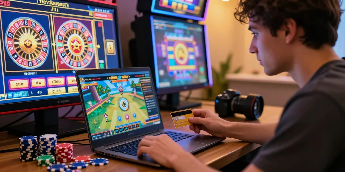 Engaging player at credit card casinos UK, focused on online gaming with vibrant casino graphics and excitement.