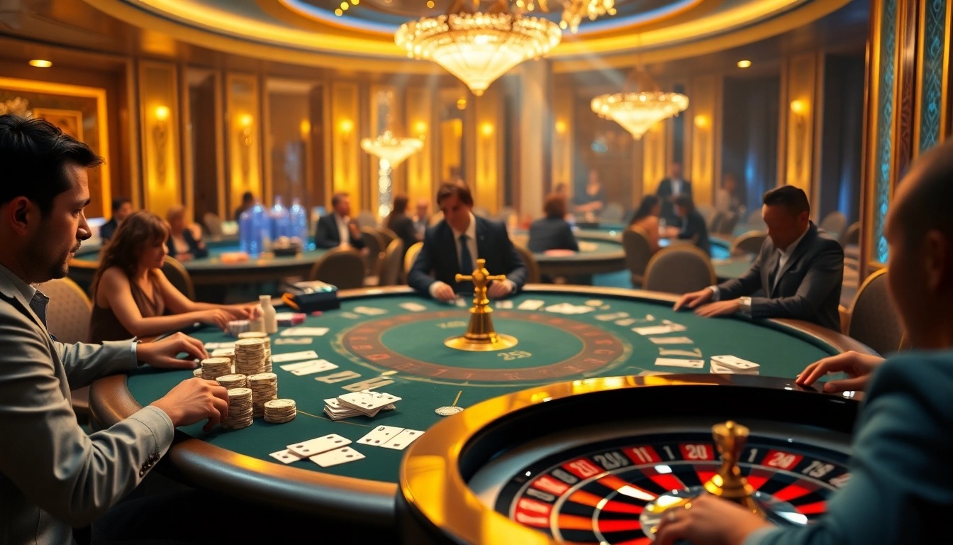 KK55 players engaging in an exciting poker game at a luxurious casino table.