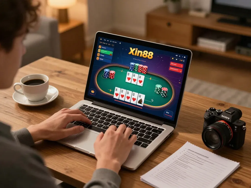 Engaged player strategizing on Xin88 casino poker game interface while enjoying a warm home gaming setup