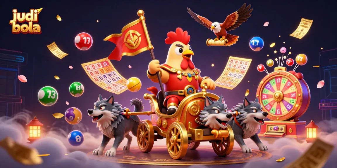 Experience the thrill of judi bola with a dynamic scene of a cartoon rooster warlord leading colorful game elements in an epic chariot.