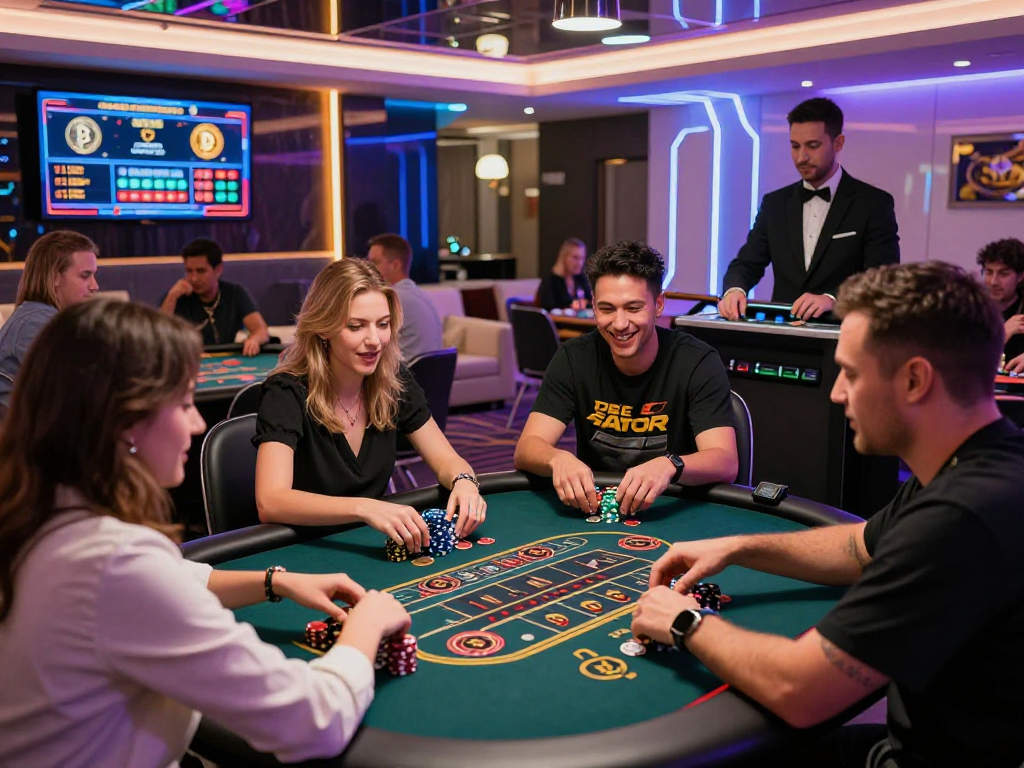 Players enjoying the high-energy atmosphere of a crypto casino, featuring modern gaming tables and digital displays.