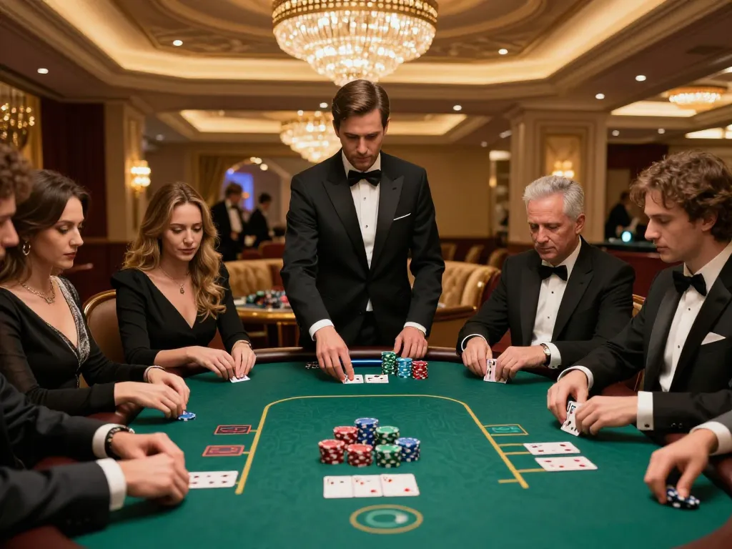 Players engaging in a high-stakes poker game at a luxurious casino, showcasing the thrill of mb66 gameplay.