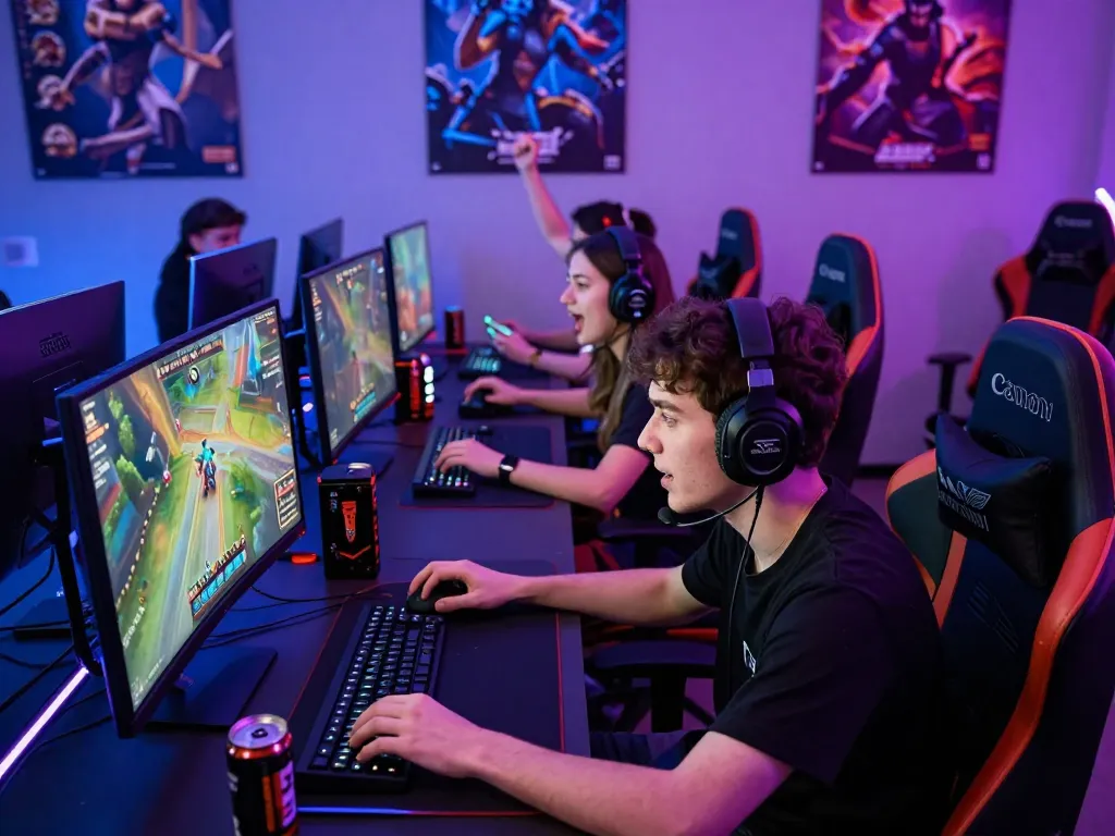 Engaged gamers experiencing the excitement of GG88 esports, celebrating wins in a lively gaming setup.