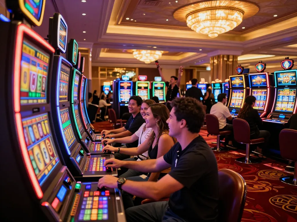 Players enjoying thrilling slot action at HM88 casino, surrounded by vibrant lights and excitement.