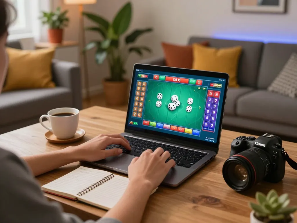 Engaging in tài xỉu gameplay at home, showcasing strategy notebook beside laptop, highlighting responsible gaming.