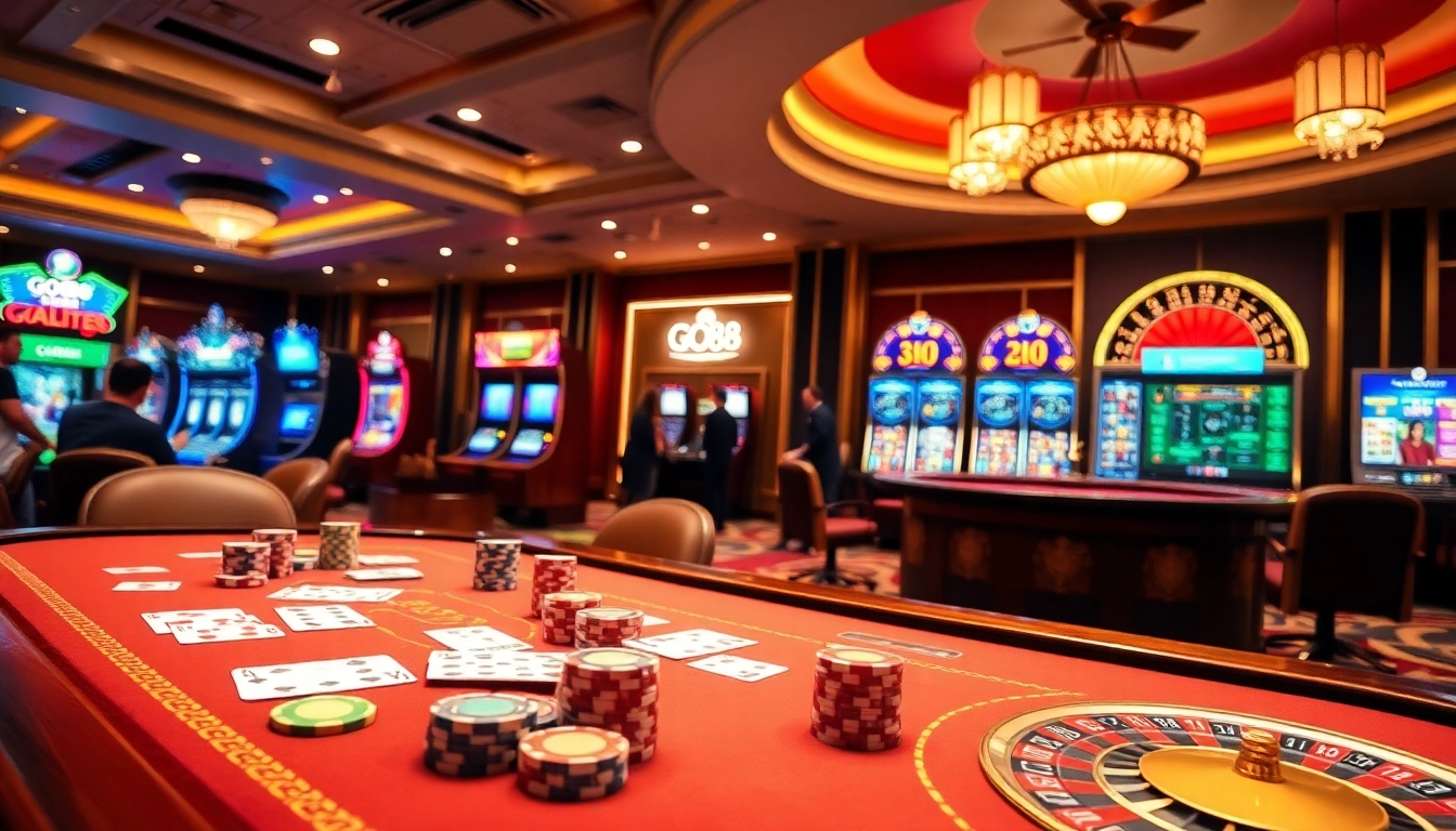 Players enjoying casino games at GO88 with vibrant tables and slot machines in a luxurious setting.