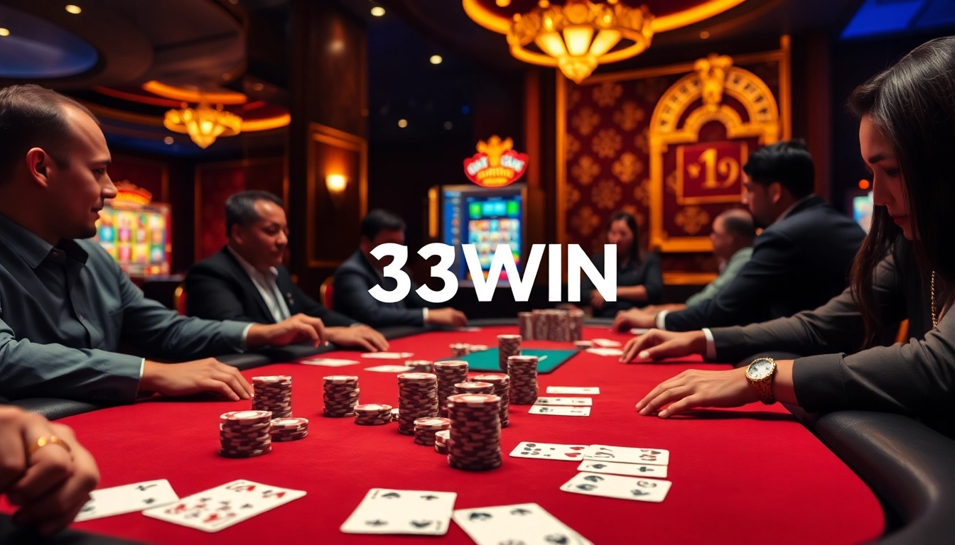 Experience the thrill of 33WIN with an immersive poker scene showcasing high-stakes action.
