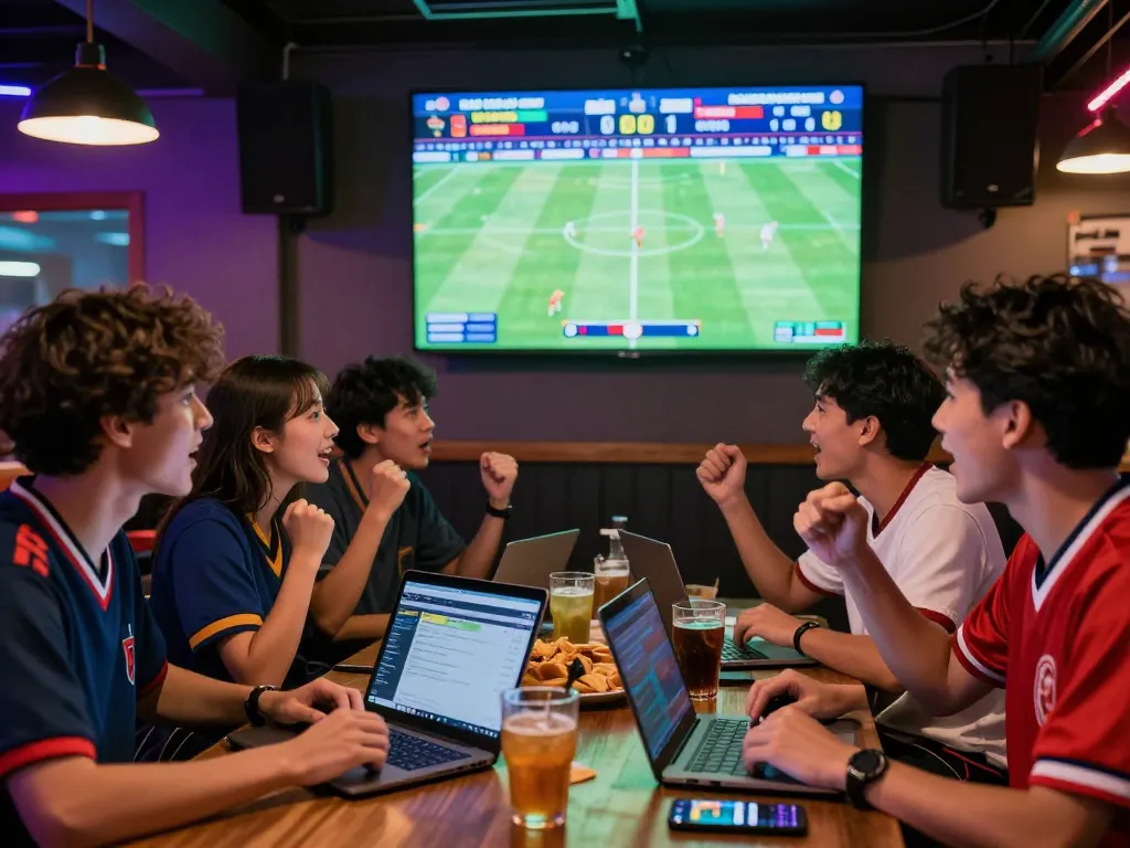 Friends celebrating while analyzing kèo nhà cái in a sports bar, engaging and lively atmosphere.