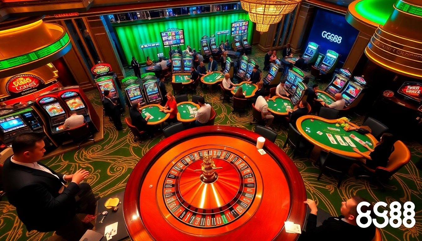 Players enjoying high-stakes games at GG88 casino with vibrant tables and thrilling atmosphere.