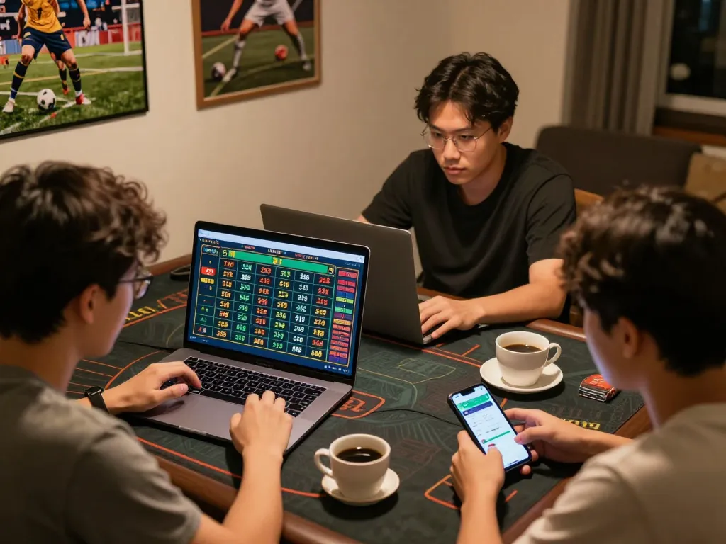 Player engaged in lô đề online betting at home, analyzing numbers on laptop with smartphone showing app interface.