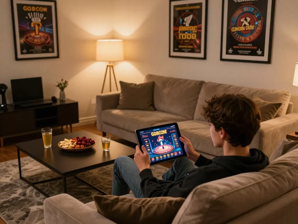 Engaging with GG88 COM casino interface on a cozy home setup, capturing the essence of online gambling.