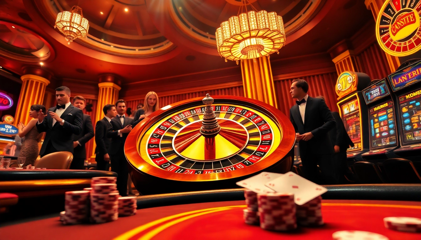 Experience the thrill of gambling at 77bet with players engaging around a glitzy casino roulette wheel.