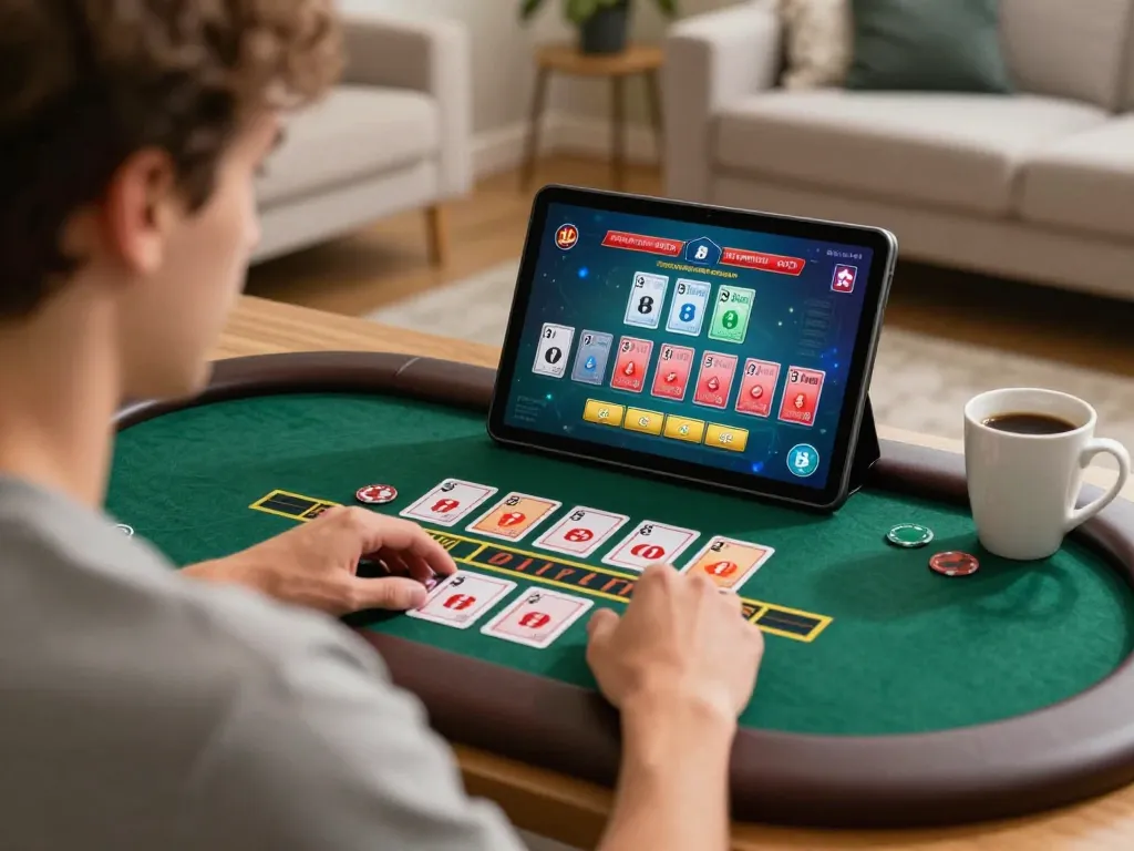 Play blackjack with u888 on a tablet at home, showcasing strategic gameplay and cozy setting.