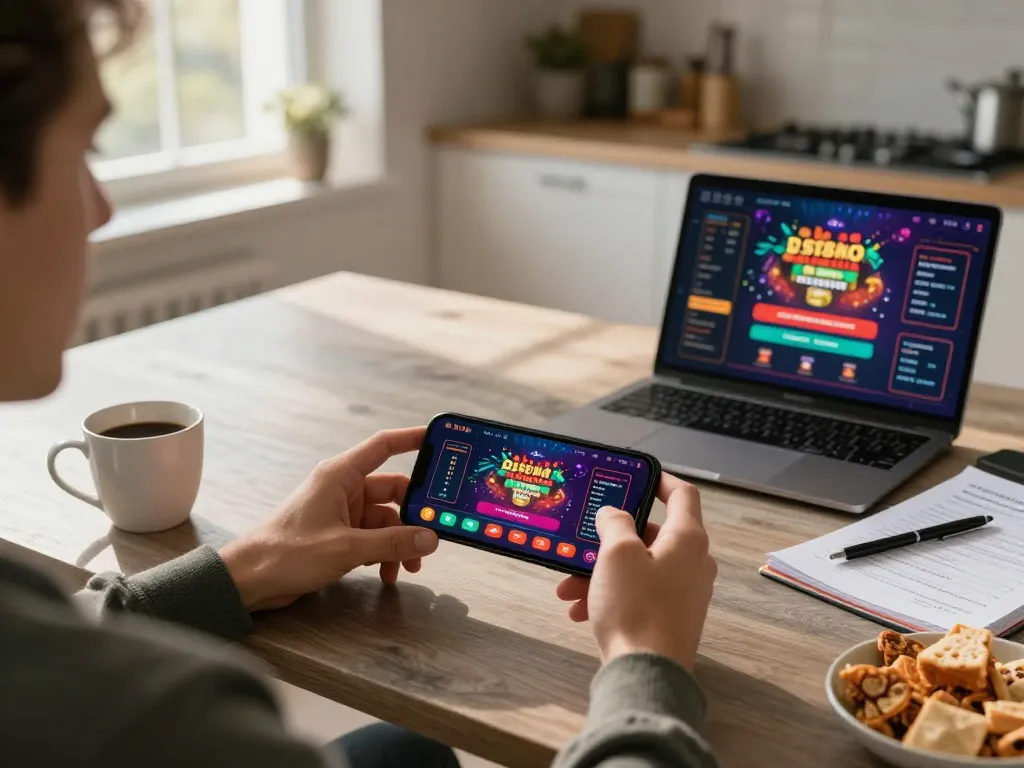 Engaging gameplay on Fly88 app with cozy home setup, showcasing responsible gaming in 2026.