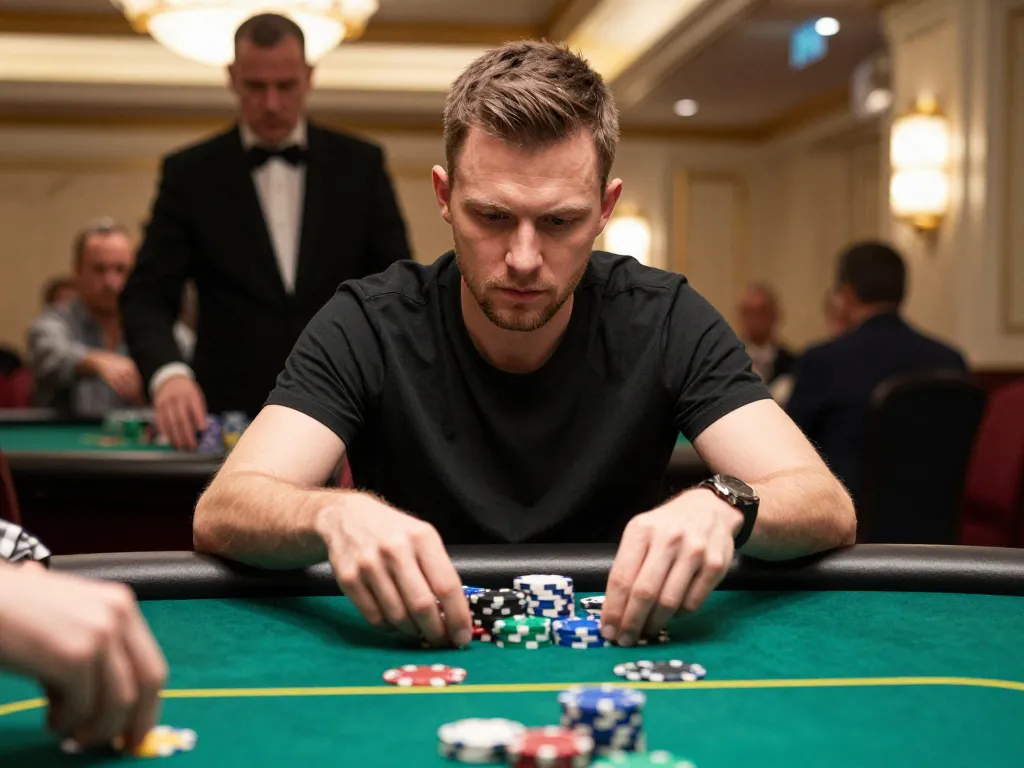 Go8 player expertly placing a strategic bet at a luxurious casino poker table.