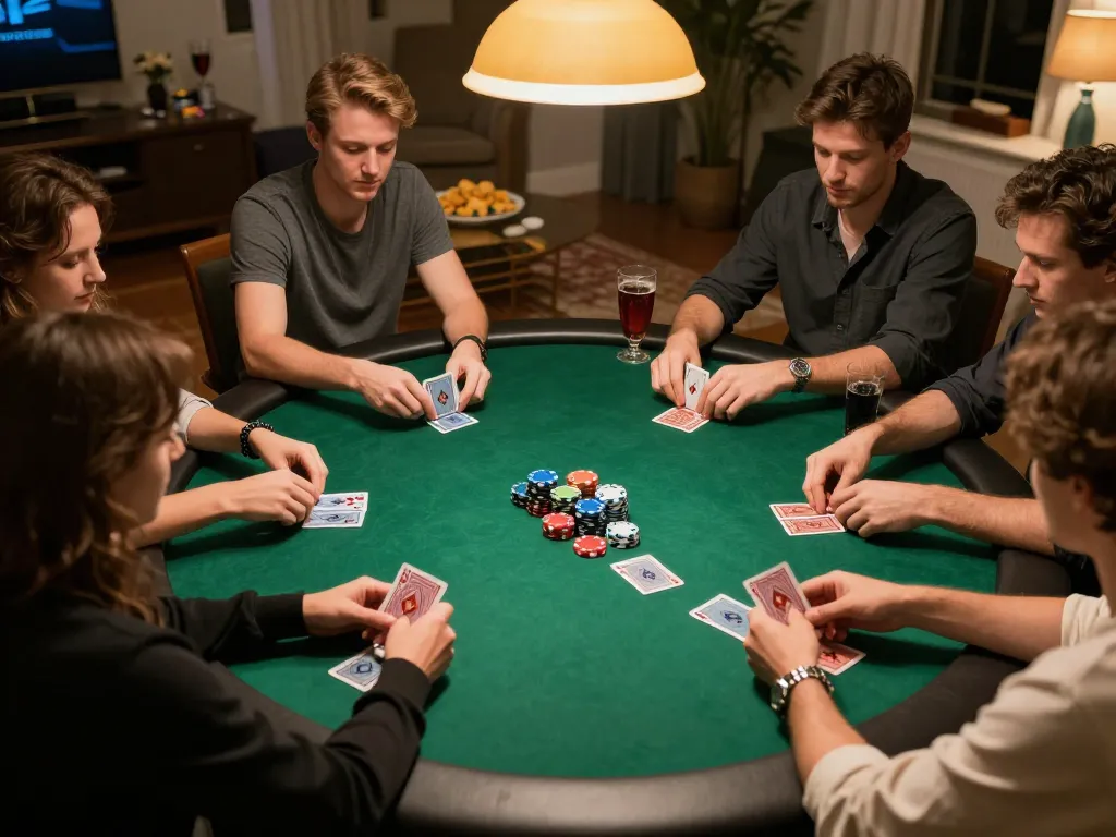 Players engaging in a competitive poker game at home, showcasing O8's exciting gambling experience.