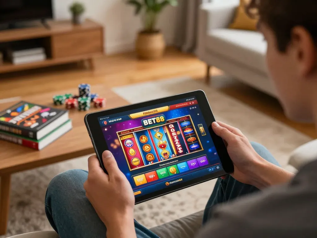 Player enjoying BET88 online casino games on a tablet in a cozy living room setting.