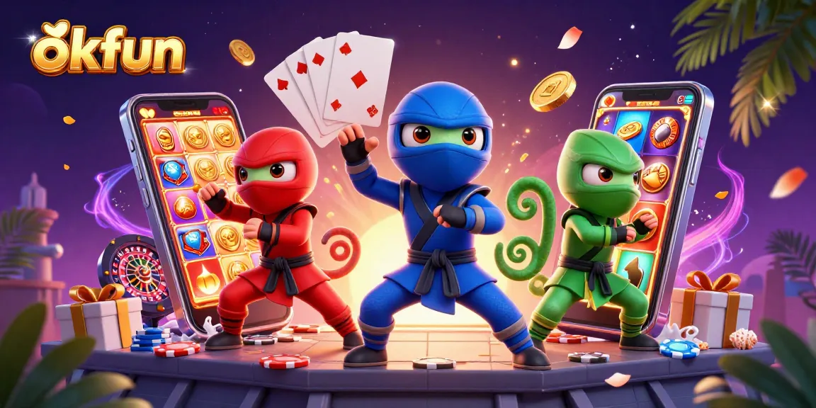 Spin and win with okfun in an action-packed casino scene featuring colorful slot games and vibrant chameleons.
