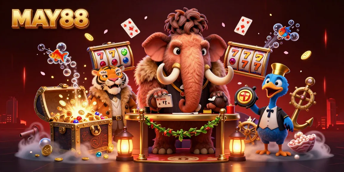 MAY88 showcases thrilling casino excitement with vibrant characters and dynamic gaming elements in a colorful illustration
