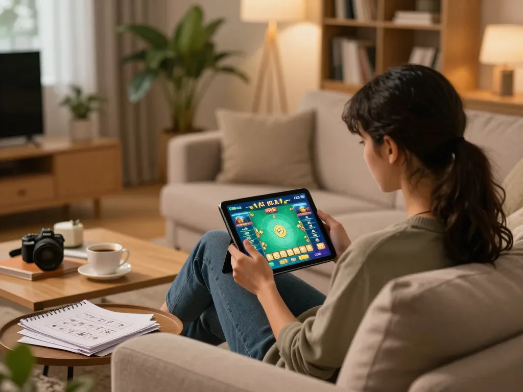 Engaging in app tài xỉu online game on tablet at cozy home setup with strategy notes nearby.