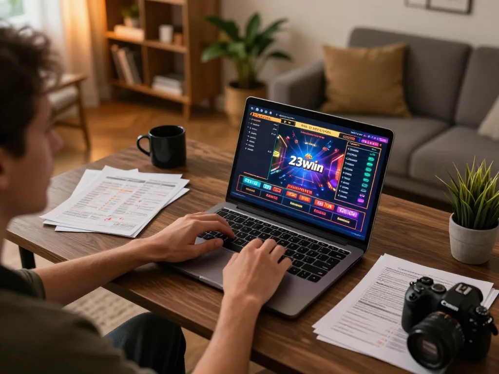 Engaging in online casino gaming on 23win with a warm home atmosphere, displaying strategy notes.