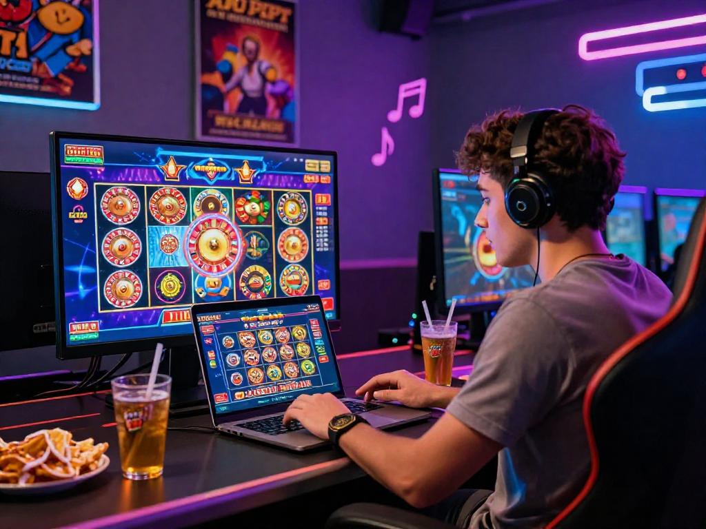 Engaging online gaming scene featuring KOMBET168, a player immersed in vibrant casino games.