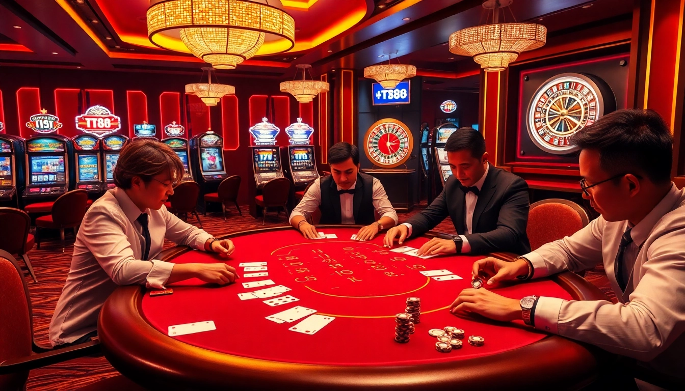 Engaging poker game at a TT88 table showcasing excitement and strategy in casino atmosphere.