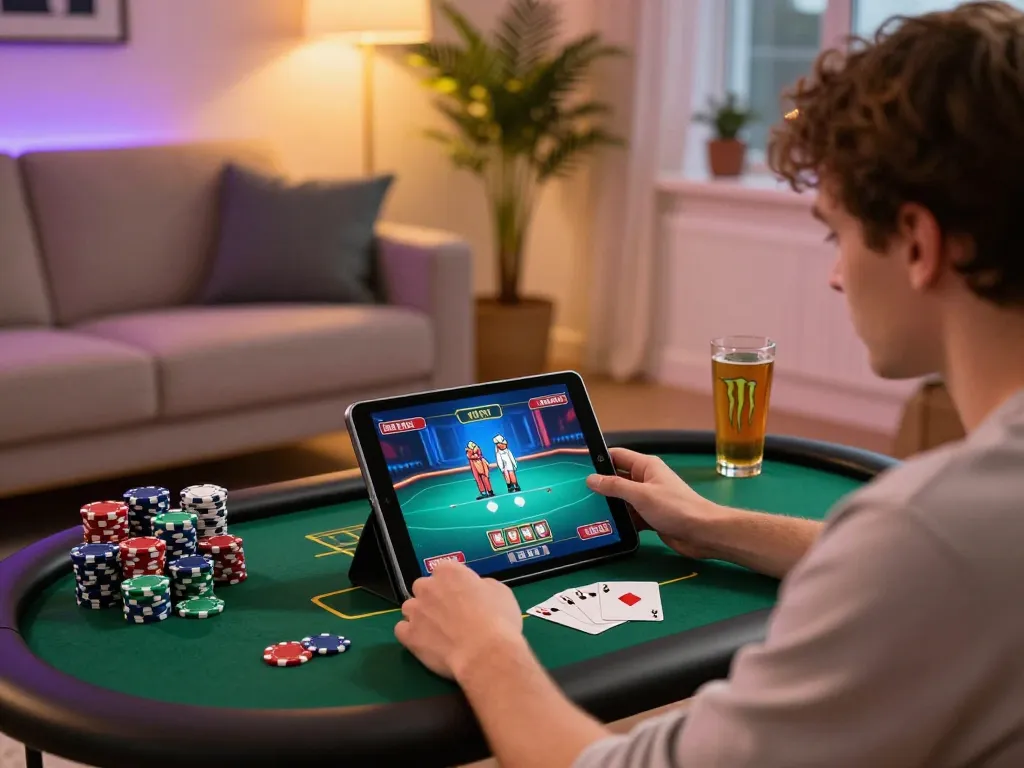 Player engaged in online poker gaming on ga8888 with vibrant chips and cozy atmosphere