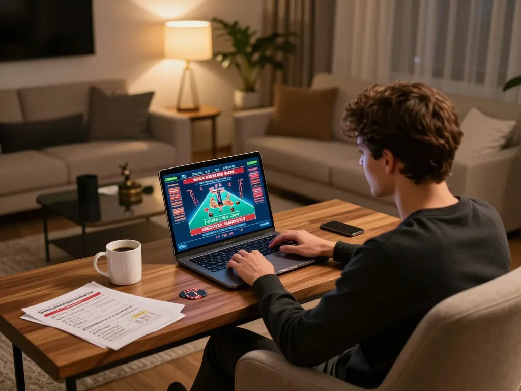 Engaged user exploring gen-e online casino strategies from a cozy home setting.