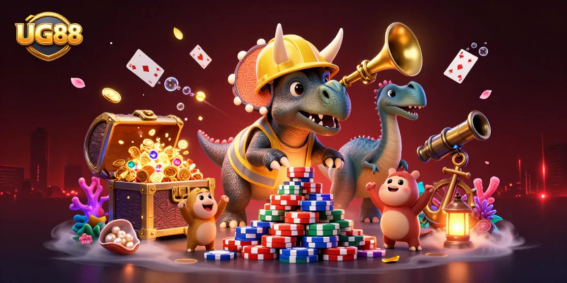Experience gaming excitement with UG88 as triceratops builds poker chip pyramid amid joyful celebrations.