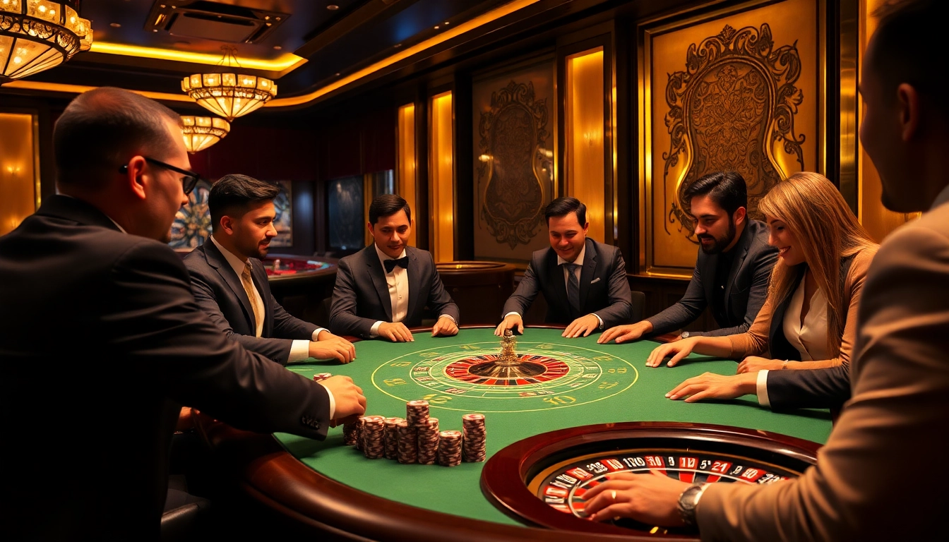 Players enjoying a high-stakes poker game at Hay88 casino with vibrant colors and luxurious ambiance.