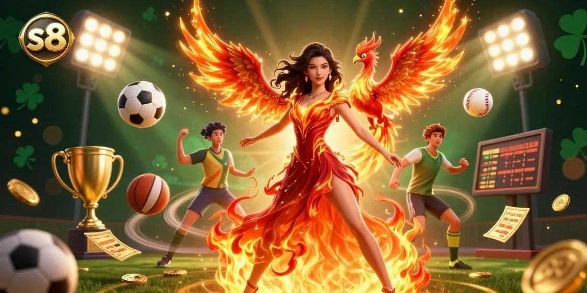 Bet on the s8 casino platform with an Asian woman in fiery gown and dynamic sports elements.