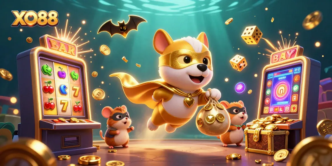 Experience exciting gambling with XO88, featuring cartoon characters and vibrant casino elements.