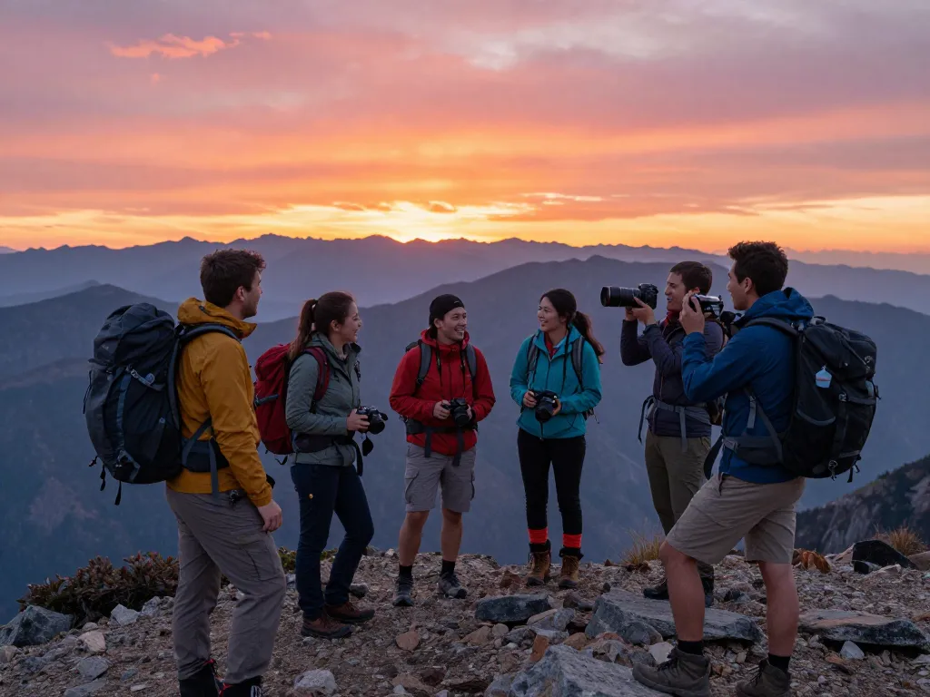 Travelers celebrating achievement at stunning sunset vista with 789P peaks.