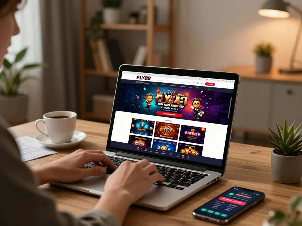 Engaged player exploring FLY88 casino games on a laptop in a cozy home office setup.