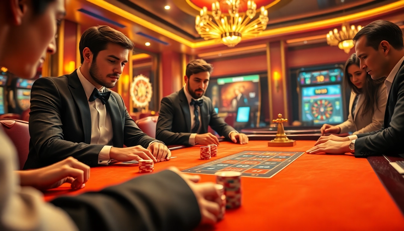 Players strategizing around an M98-themed poker table filled with high-end chips and cards.