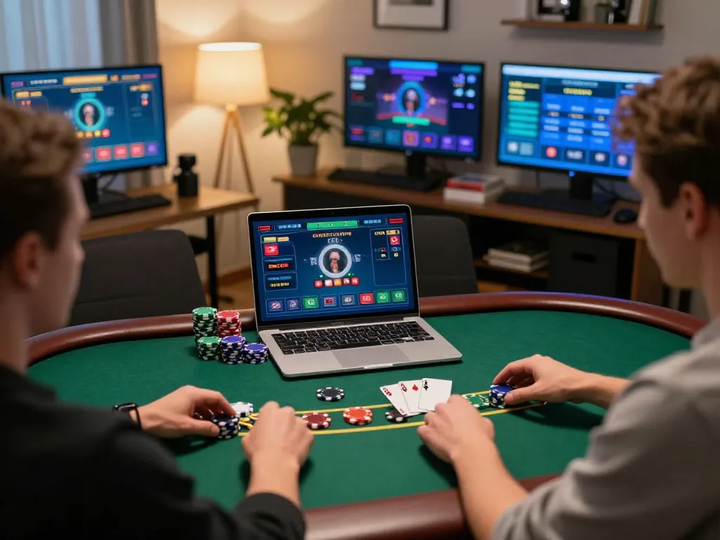 Player engaging in an online blackjack game on ga6789 platform, home setting with chips and laptop visible.