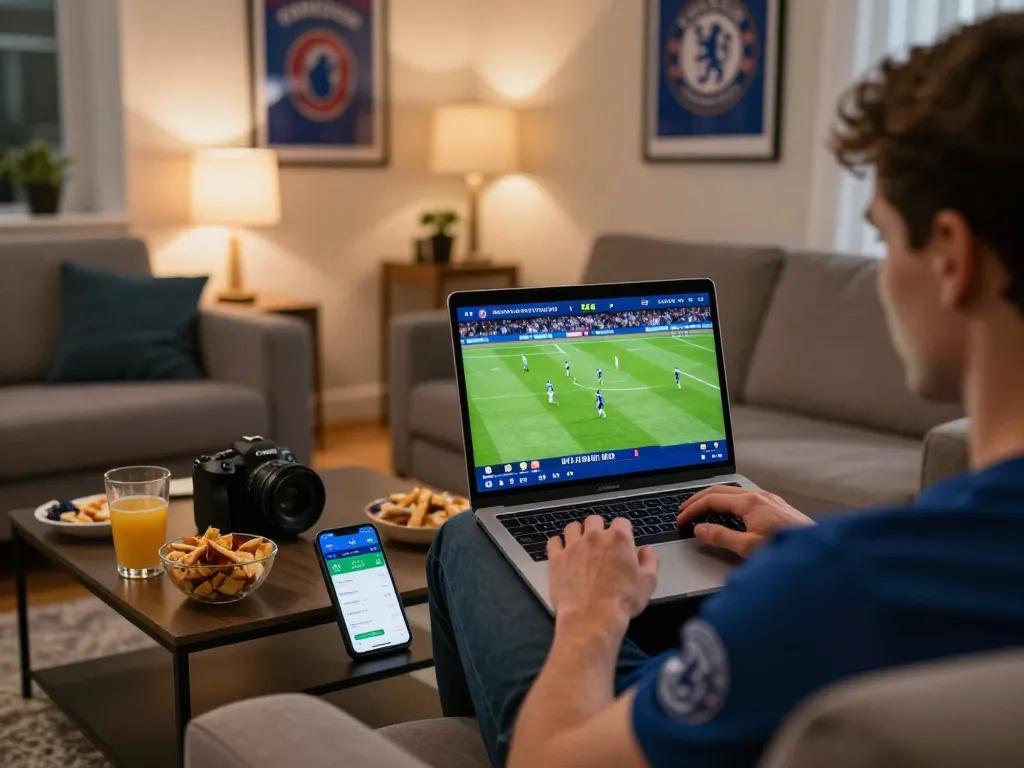 Experience trực tiếp bóng đá chelsea with a fan enjoying an online betting session on their laptop at home, showcasing excitement and convenience.