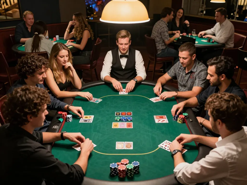 SC88 players strategizing during an intense poker game, showcasing chips and cards in a vibrant atmosphere.