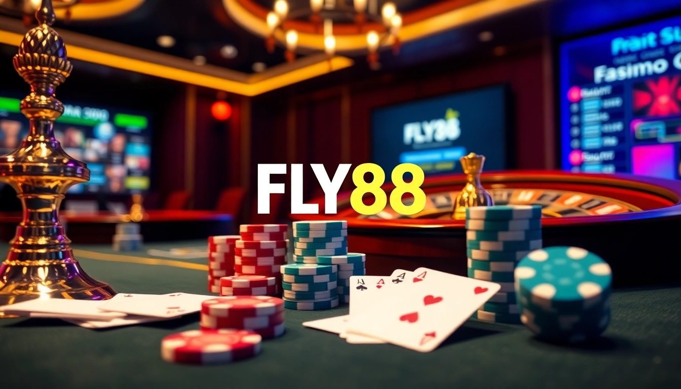 FLY88 gaming table with poker chips and roulette wheel, emphasizing high-stakes thrills.