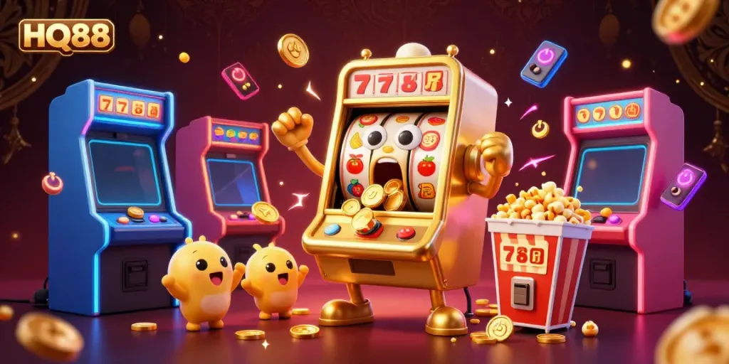 HQ88 slot machine hitting jackpot while coins pour out, surrounded by cheering baby slots and arcade games.