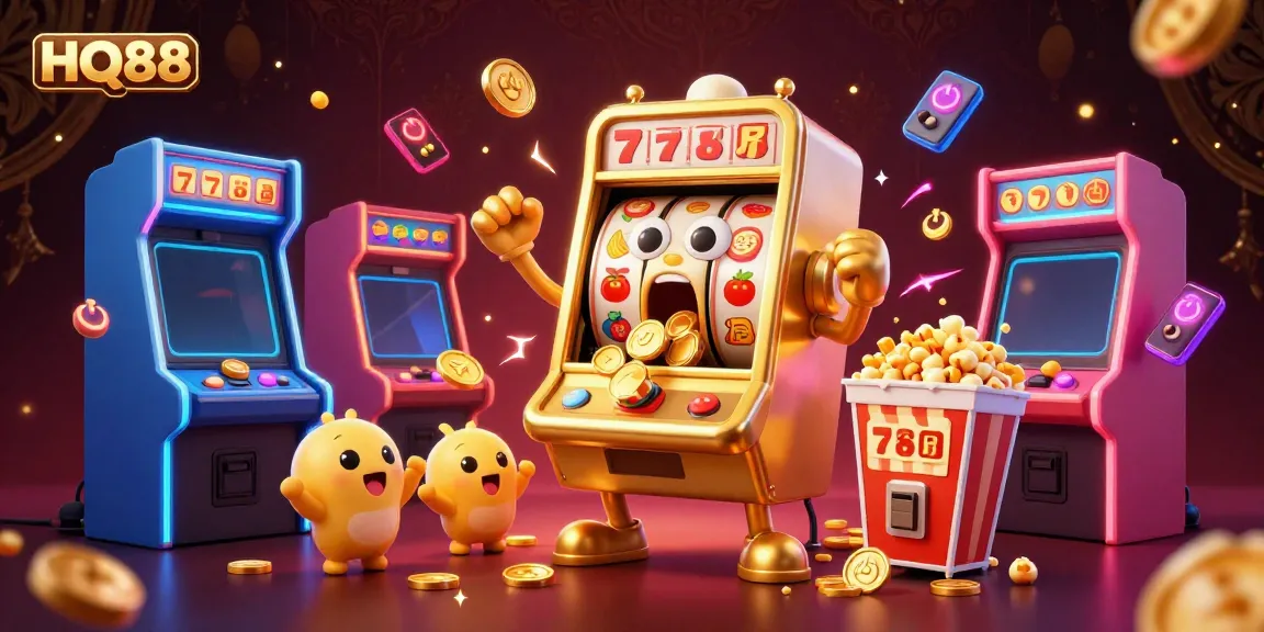 HQ88 slot machine hitting jackpot while coins pour out, surrounded by cheering baby slots and arcade games.