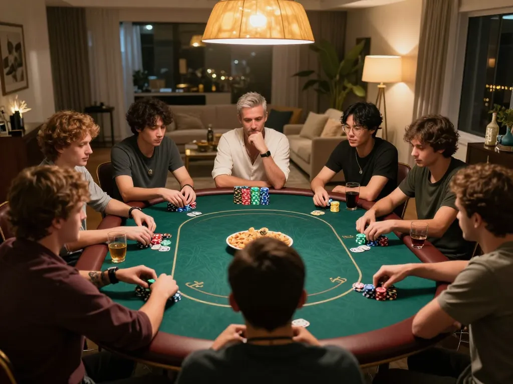 Engaged players in a high-stakes poker game at home using mb66-t strategy, showcasing vibrant chips and snacks.