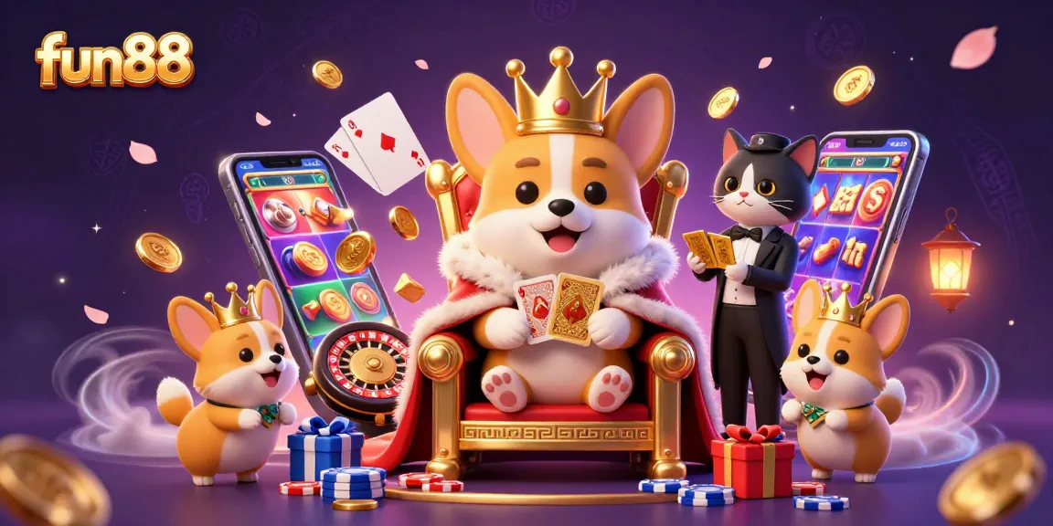 Experience the fun88 slots action with a royal corgi, poker chips, and golden coins in a vibrant casino scene.