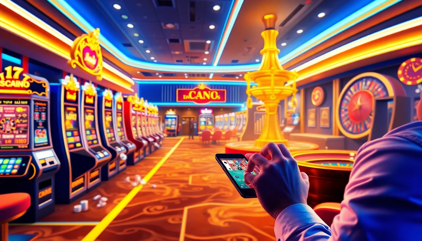 Iboslot online gaming interface displaying vibrant slot machines and poker tables for an engaging experience.